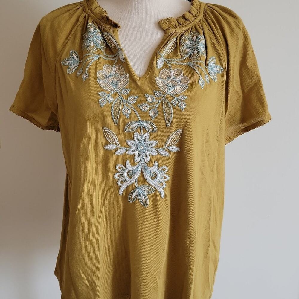 J. Jill Size Petite Small Citrine Embroidered Peasant Blouse NWOT